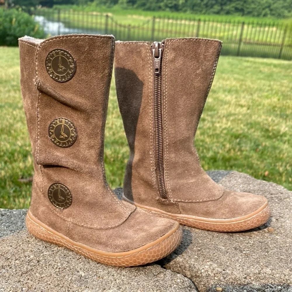 TIEMPO BOOTS~GOLD EMBOSSED~LEATHER CLOCK BUTTONS~TAUPE~SOFT SUEDE EXTERIOR ~BR
